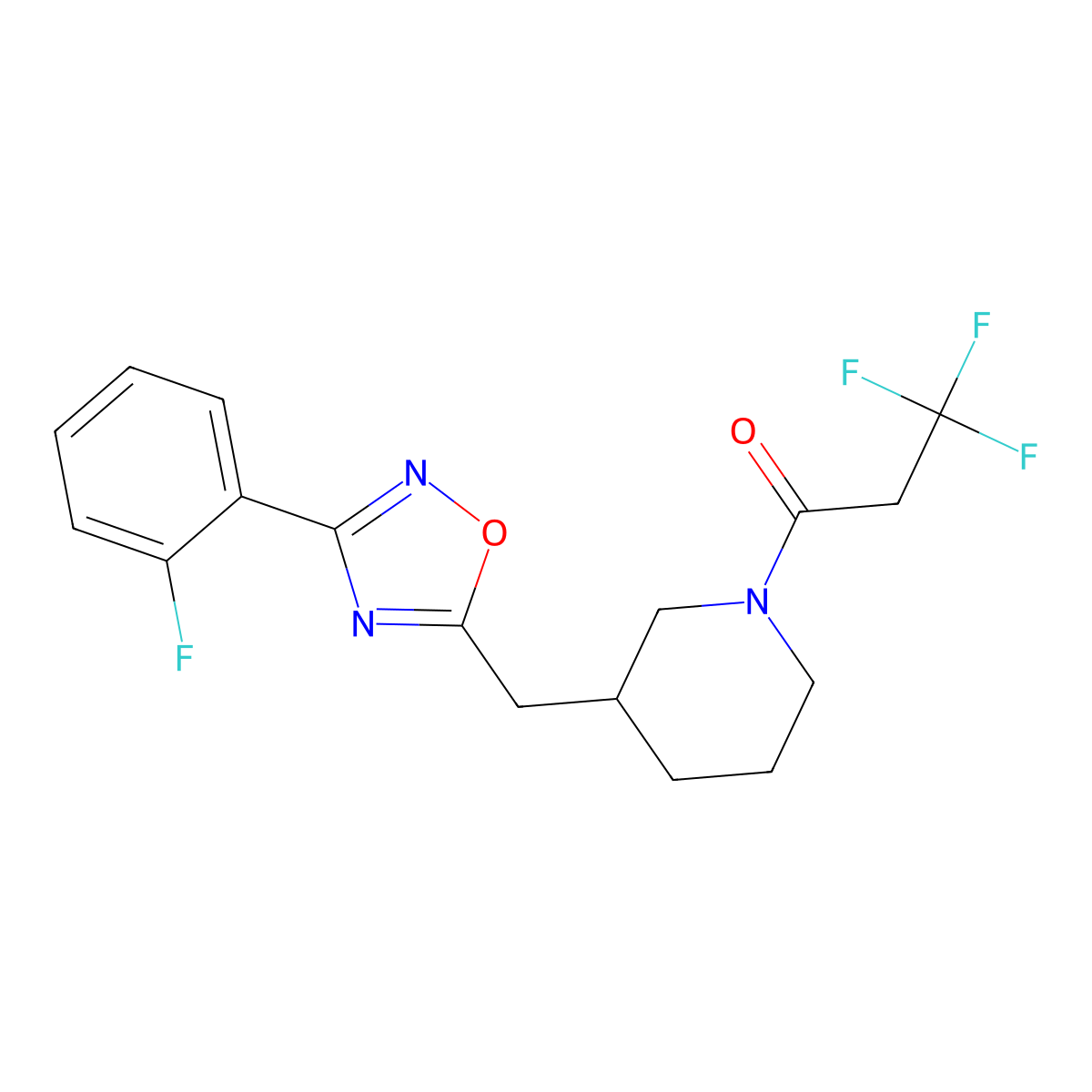 3,3,3-Trifluoro-1-(3-((3-(2-fluorophenyl)-1,2,4-oxadiazol-5-yl)methyl)piperidin-1-yl)propan-1-one molecular structure, CAS 1705135-22-3