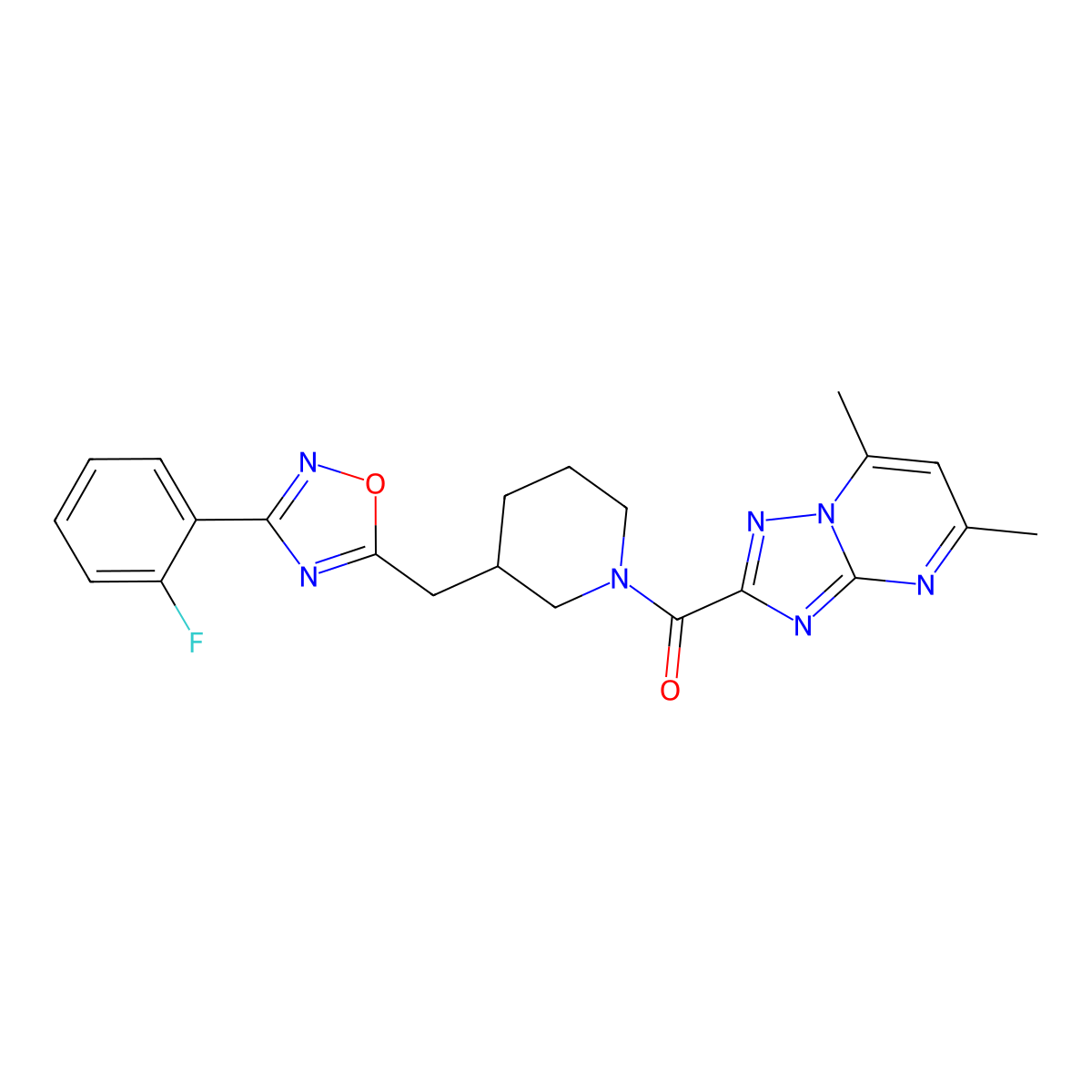 (5,7-Dimethyl-[1,2,4]triazolo[1,5-a]pyrimidin-2-yl)(3-((3-(2-fluorophenyl)-1,2,4-oxadiazol-5-yl)methyl)piperidin-1-yl)methanone molecular structure, CAS 1705135-42-7