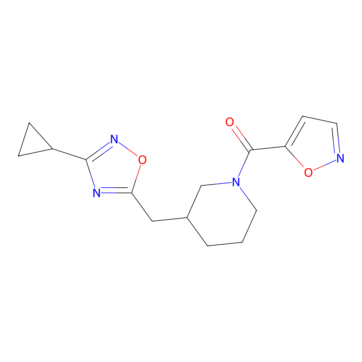 (3-((3-Cyclopropyl-1,2,4-oxadiazol-5-yl)methyl)piperidin-1-yl)(isoxazol-5-yl)methanone molecular structure, CAS 1705135-74-5