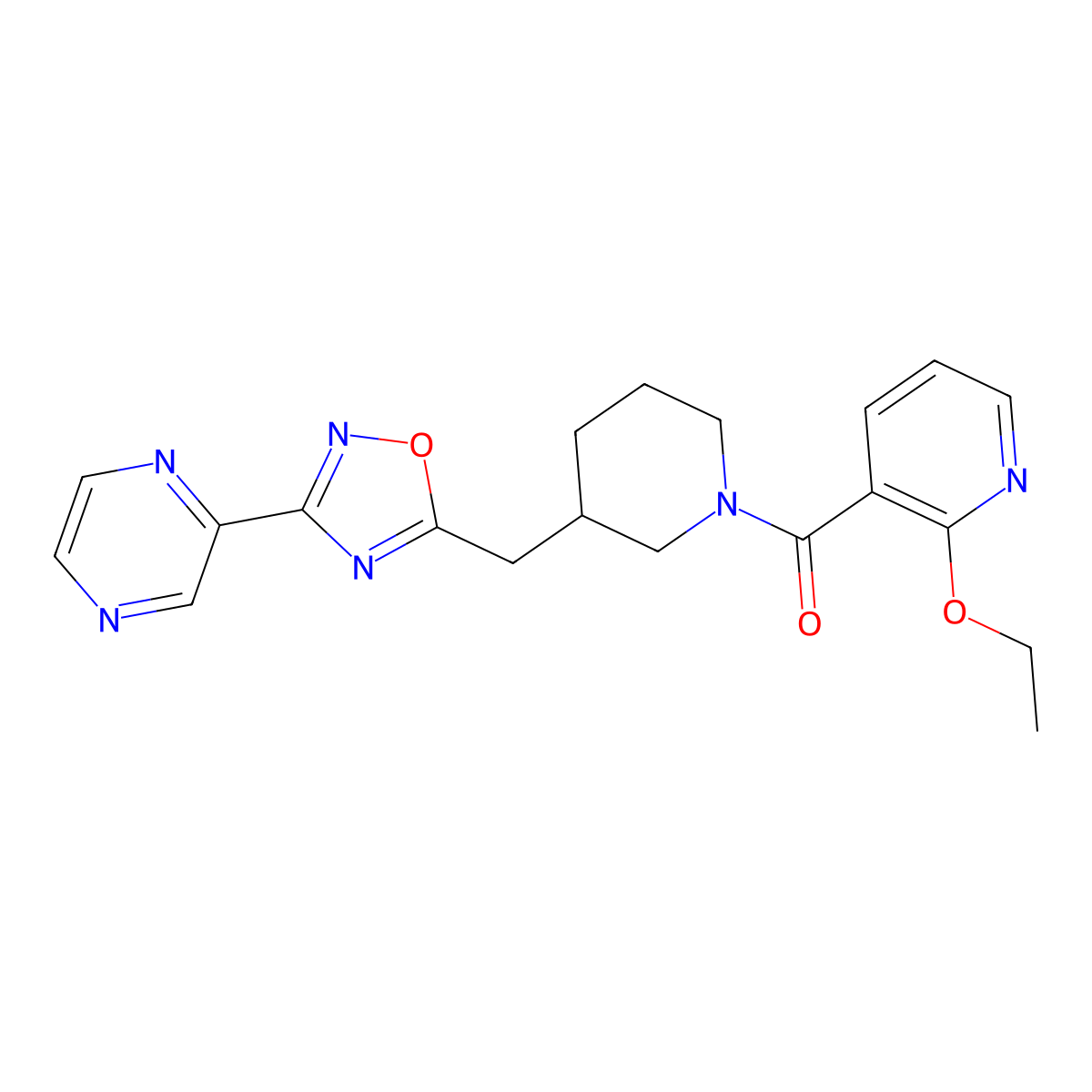 (2-Ethoxypyridin-3-yl)(3-((3-(pyrazin-2-yl)-1,2,4-oxadiazol-5-yl)methyl)piperidin-1-yl)methanone molecular structure, CAS 1705139-66-7