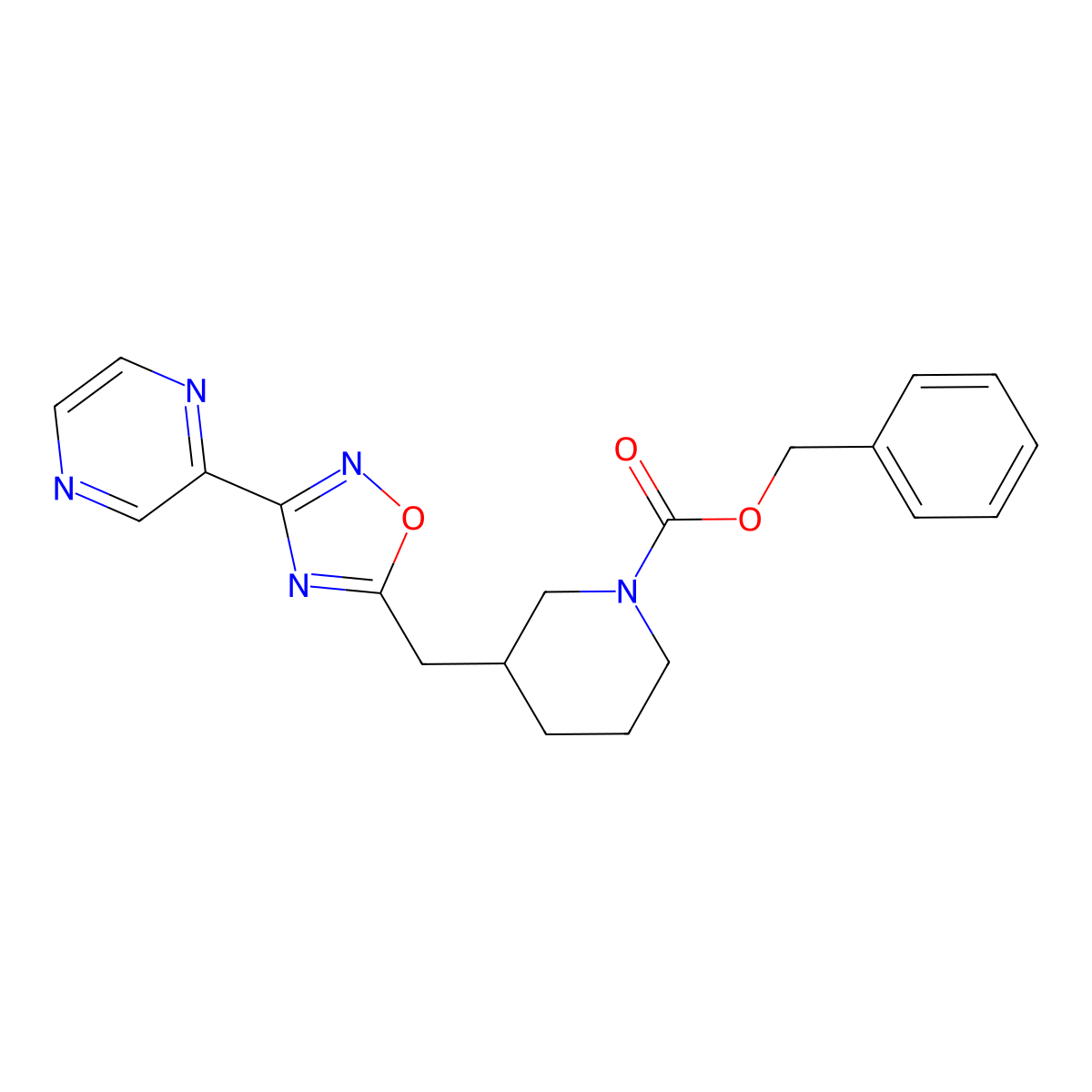 Benzyl 3-((3-(pyrazin-2-yl)-1,2,4-oxadiazol-5-yl)methyl)piperidine-1-carboxylate molecular structure, CAS 1705139-83-8