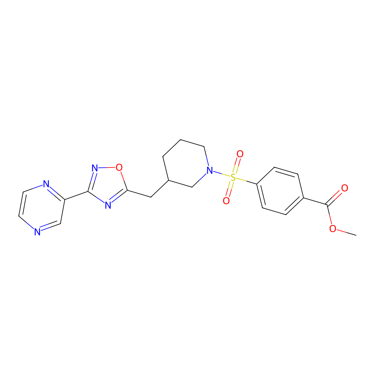 Methyl 4-((3-((3-(pyrazin-2-yl)-1,2,4-oxadiazol-5-yl)methyl)piperidin-1-yl)sulfonyl)benzoate molecular structure, CAS 1705140-11-9