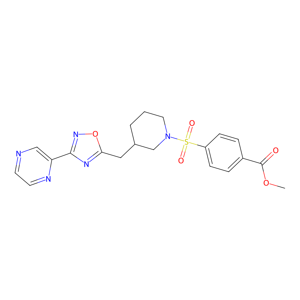 Methyl 4-((3-((3-(pyrazin-2-yl)-1,2,4-oxadiazol-5-yl)methyl)piperidin-1-yl)sulfonyl)benzoate molecular structure, CAS 1705140-11-9