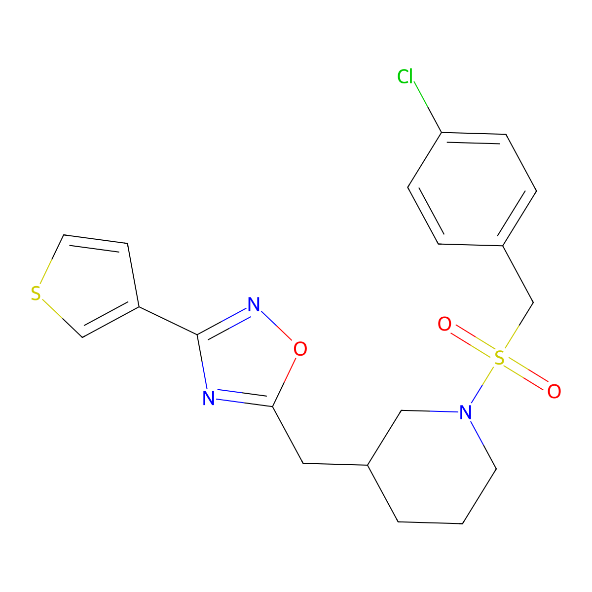 5-((1-((4-Chlorobenzyl)sulfonyl)piperidin-3-yl)methyl)-3-(thiophen-3-yl)-1,2,4-oxadiazole molecular structure, CAS 1705140-87-9