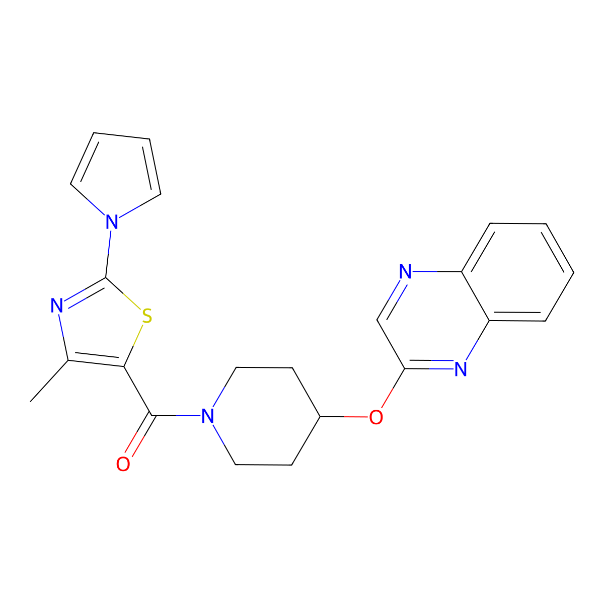 (4-methyl-2-(1H-pyrrol-1-yl)thiazol-5-yl)(4-(quinoxalin-2-yloxy)piperidin-1-yl)methanone molecular structure, CAS 1705154-67-1