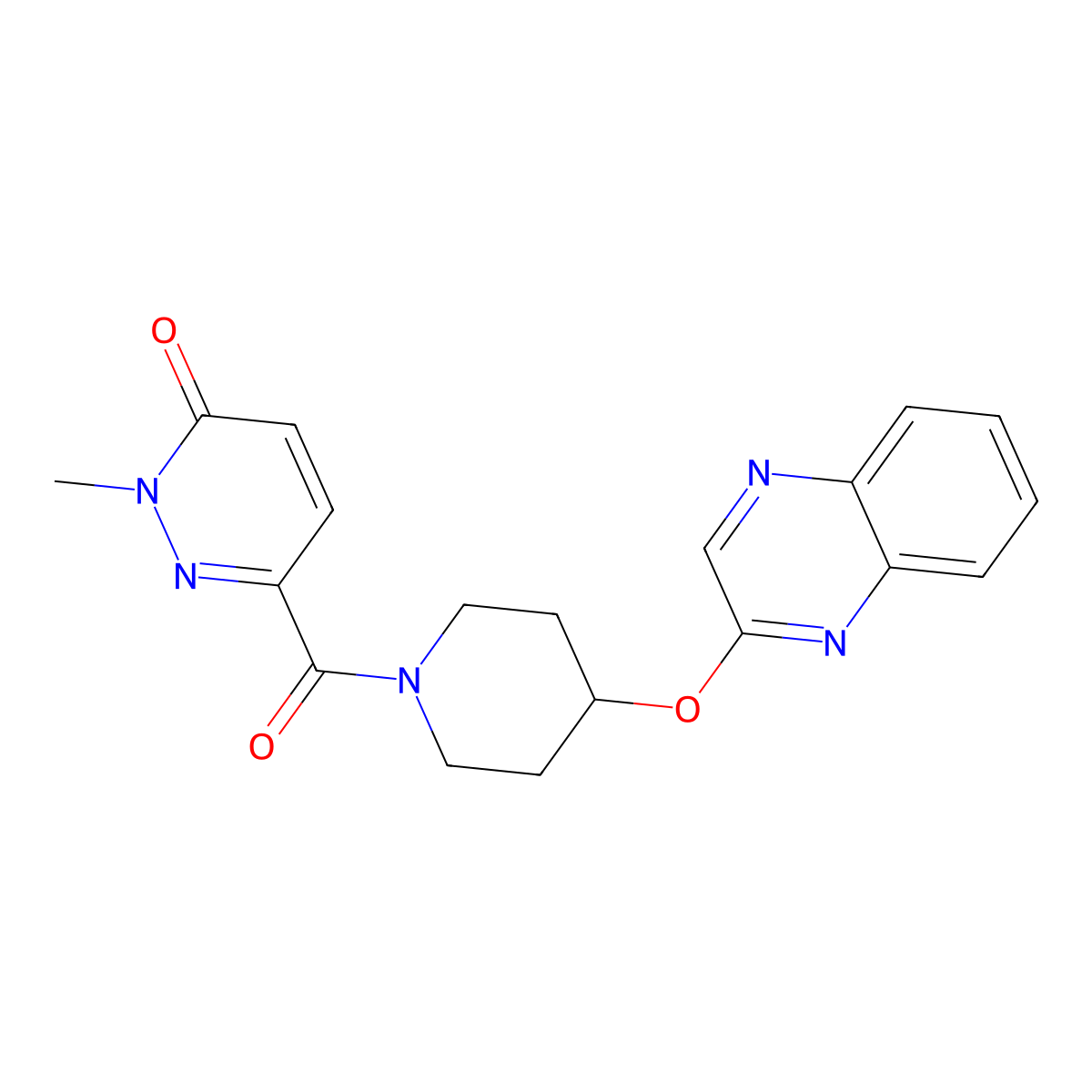 2-methyl-6-(4-(quinoxalin-2-yloxy)piperidine-1-carbonyl)pyridazin-3(2H)-one molecular structure, CAS 1705154-72-8
