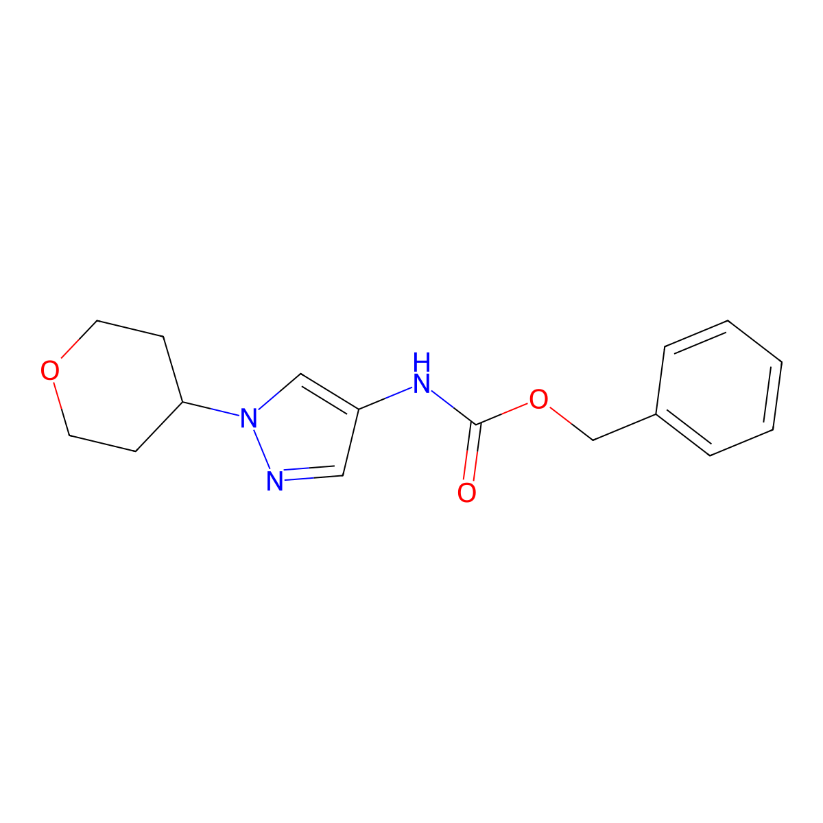 benzyl (1-(tetrahydro-2H-pyran-4-yl)-1H-pyrazol-4-yl)carbamate molecular structure, CAS 1705156-84-8