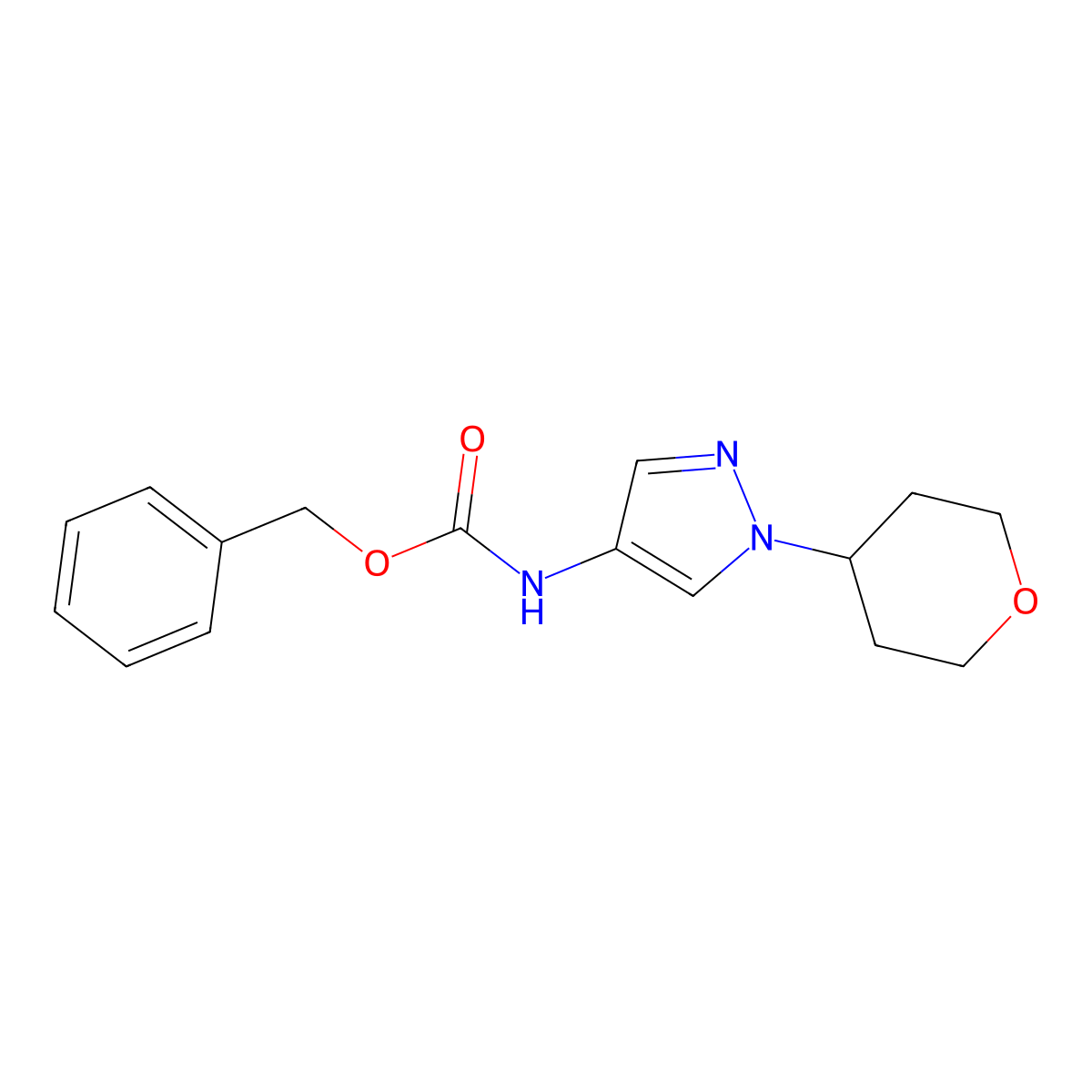benzyl (1-(tetrahydro-2H-pyran-4-yl)-1H-pyrazol-4-yl)carbamate molecular structure, CAS 1705156-84-8