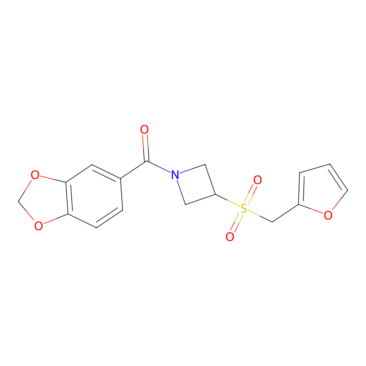 Benzo[d][1,3]dioxol-5-yl(3-((furan-2-ylmethyl)sulfonyl)azetidin-1-yl)methanone molecular structure, CAS 1705166-16-0