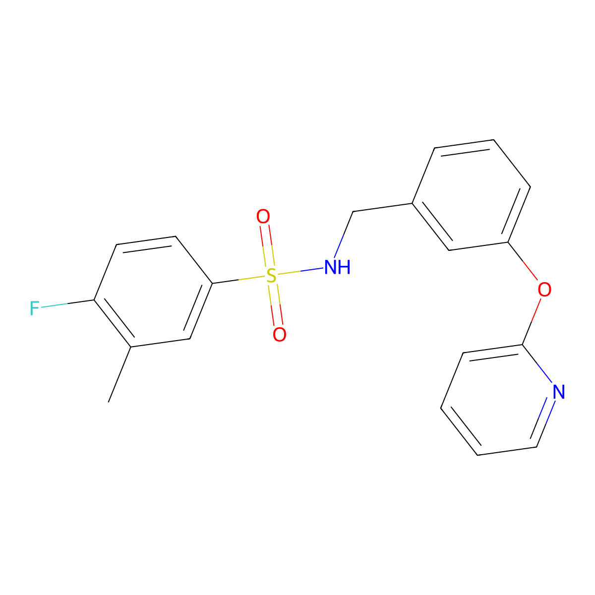 4-fluoro-3-methyl-N-(3-(pyridin-2-yloxy)benzyl)benzenesulfonamide molecular structure, CAS 1705172-04-8