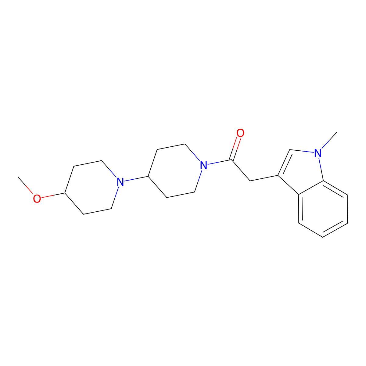 1-{4-methoxy-[1,4'-bipiperidine]-1'-yl}-2-(1-methyl-1H-indol-3-yl)ethan-1-one molecular structure, CAS 1705179-69-6