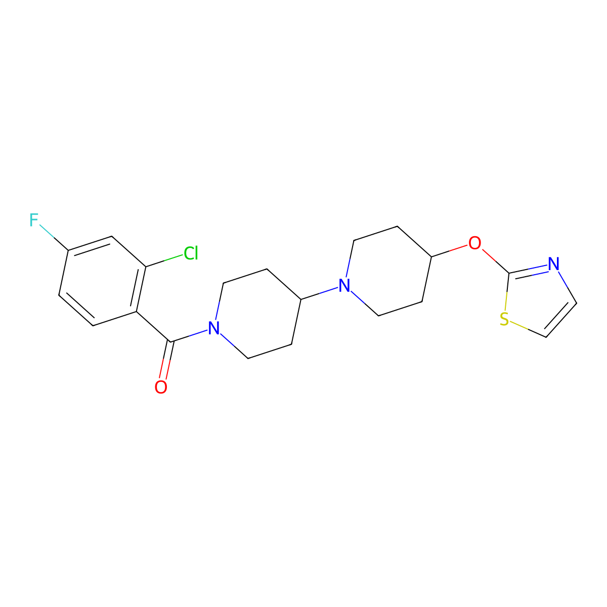(2-Chloro-4-fluorophenyl)(4-(thiazol-2-yloxy)-[1,4'-bipiperidin]-1'-yl)methanone molecular structure, CAS 1705184-78-6