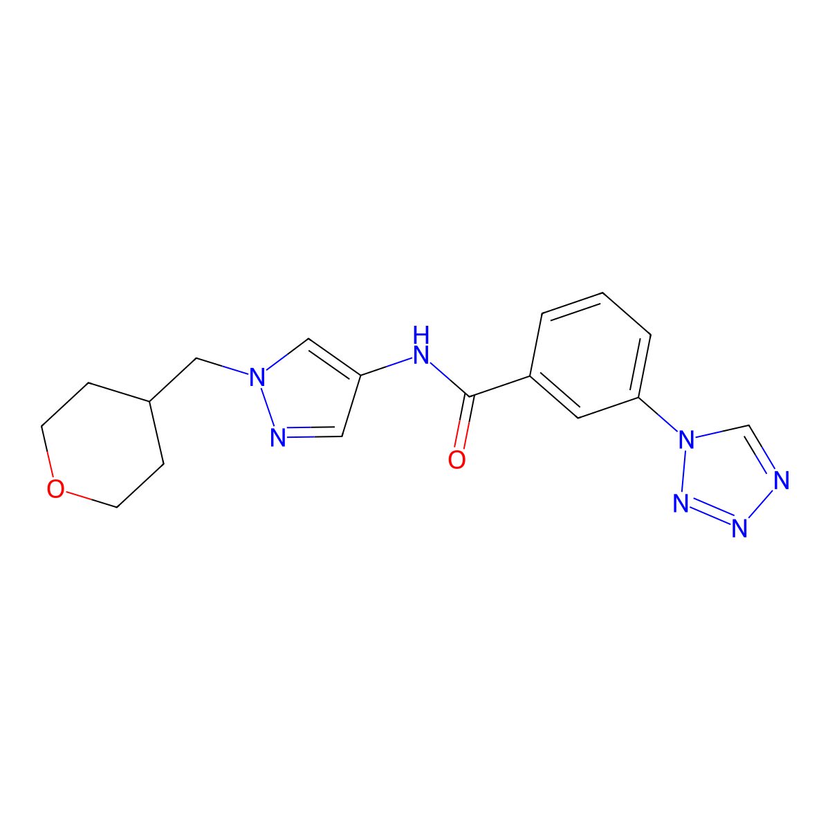 N-(1-((tetrahydro-2H-pyran-4-yl)methyl)-1H-pyrazol-4-yl)-3-(1H-tetrazol-1-yl)benzamide molecular structure, CAS 1705187-55-8