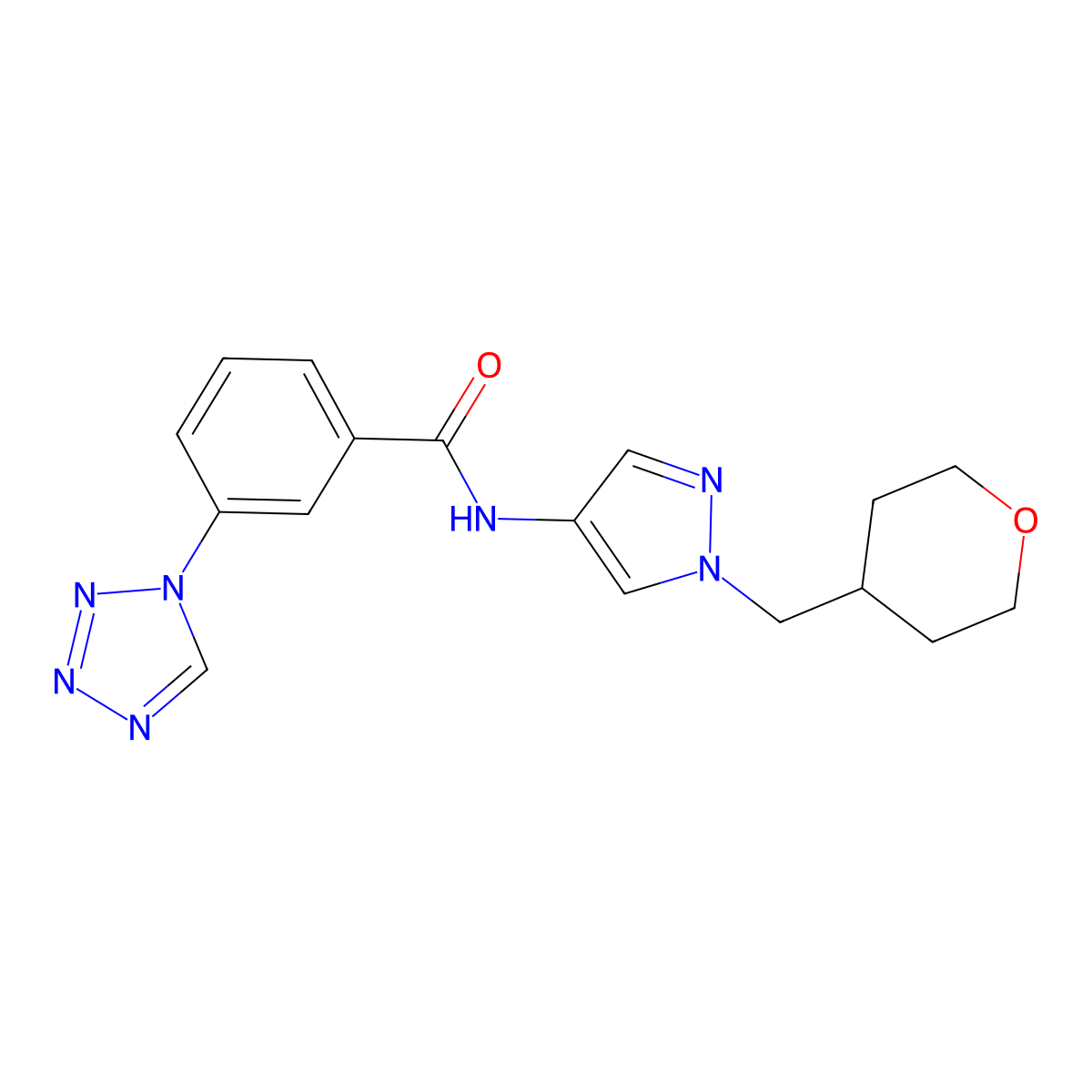 N-(1-((tetrahydro-2H-pyran-4-yl)methyl)-1H-pyrazol-4-yl)-3-(1H-tetrazol-1-yl)benzamide molecular structure, CAS 1705187-55-8