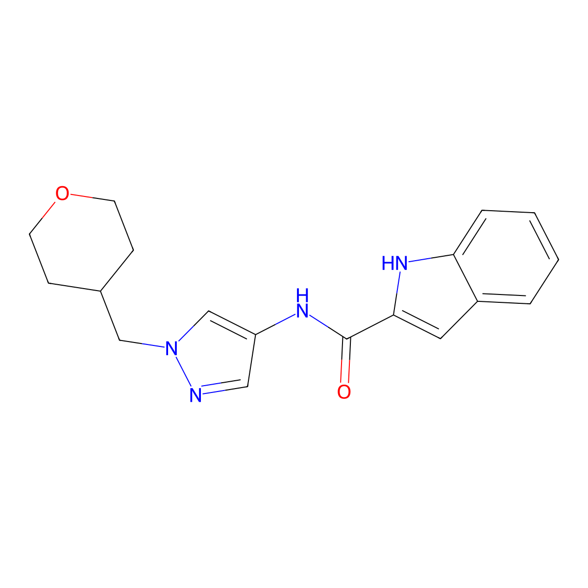 N-(1-((tetrahydro-2H-pyran-4-yl)methyl)-1H-pyrazol-4-yl)-1H-indole-2-carboxamide molecular structure, CAS 1705187-65-0