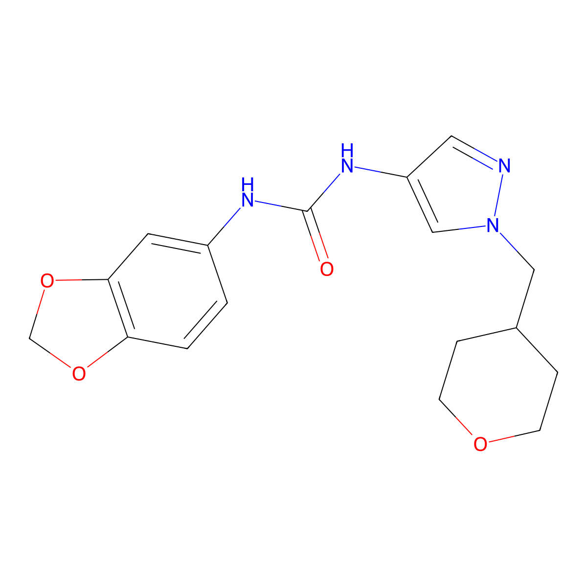 1-(benzo[d][1,3]dioxol-5-yl)-3-(1-((tetrahydro-2H-pyran-4-yl)methyl)-1H-pyrazol-4-yl)urea molecular structure, CAS 1705188-91-5