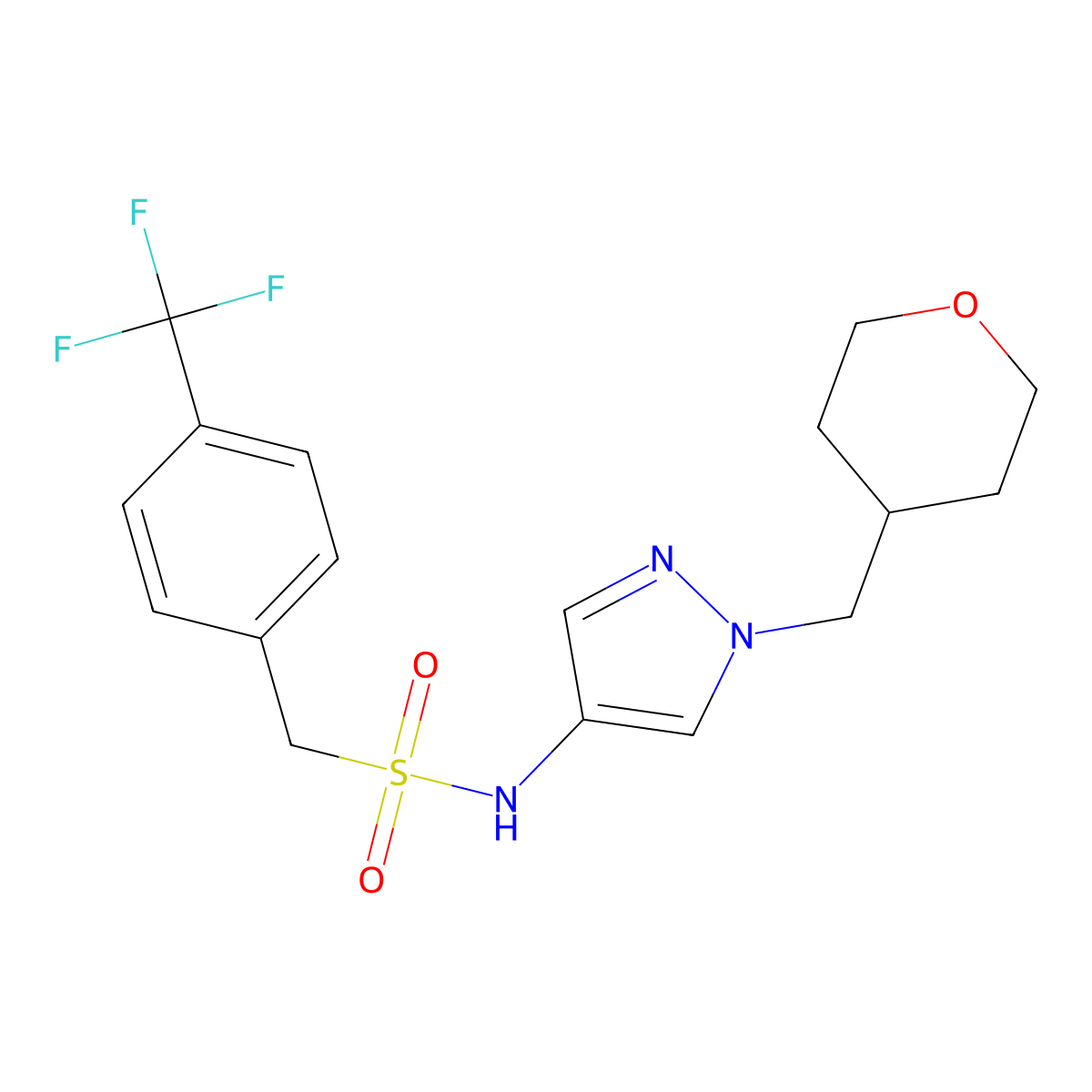 N-(1-((tetrahydro-2H-pyran-4-yl)methyl)-1H-pyrazol-4-yl)-1-(4-(trifluoromethyl)phenyl)methanesulfonamide molecular structure, CAS 1705188-94-8
