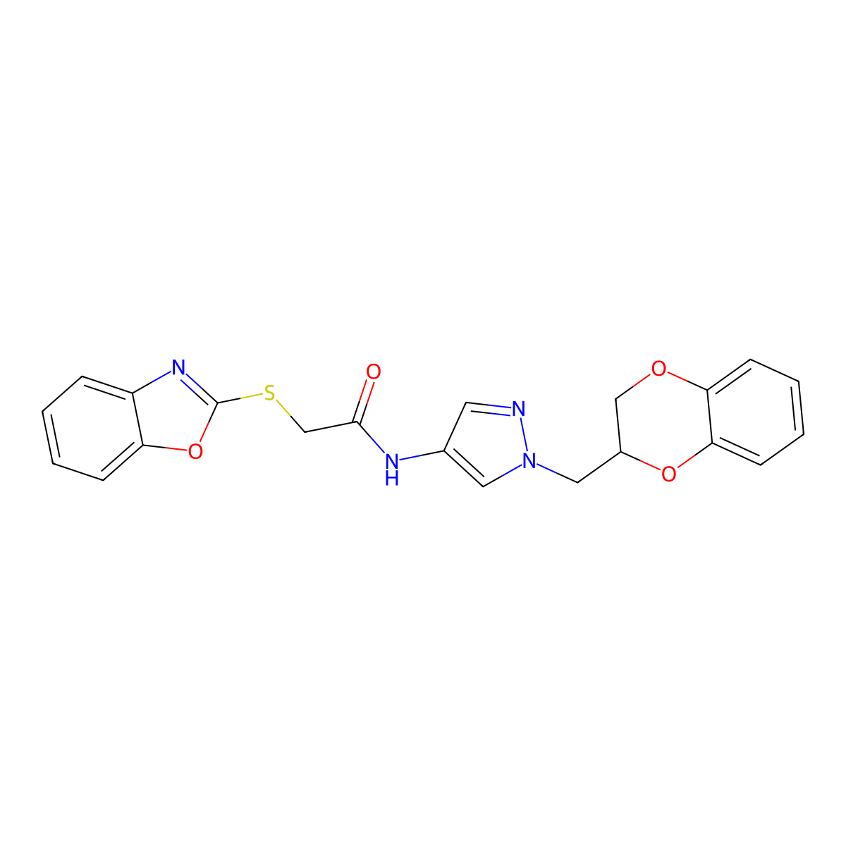 2-(benzo[d]oxazol-2-ylthio)-N-(1-((2,3-dihydrobenzo[b][1,4]dioxin-2-yl)methyl)-1H-pyrazol-4-yl)acetamide molecular structure, CAS 1705189-00-9
