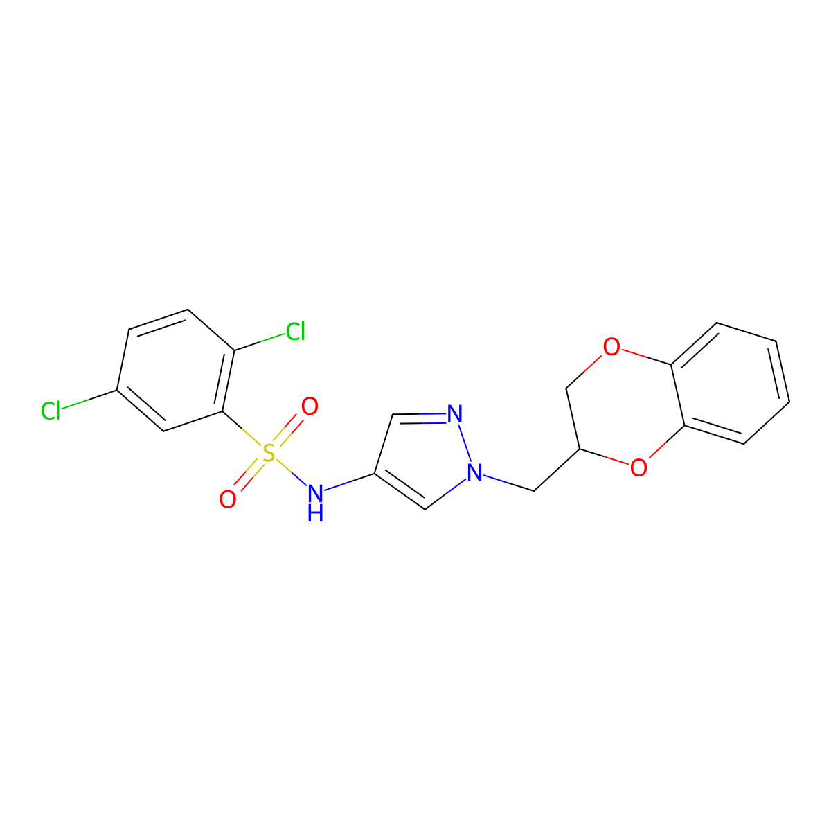 2,5-dichloro-N-(1-((2,3-dihydrobenzo[b][1,4]dioxin-2-yl)methyl)-1H-pyrazol-4-yl)benzenesulfonamide molecular structure, CAS 1705190-16-4