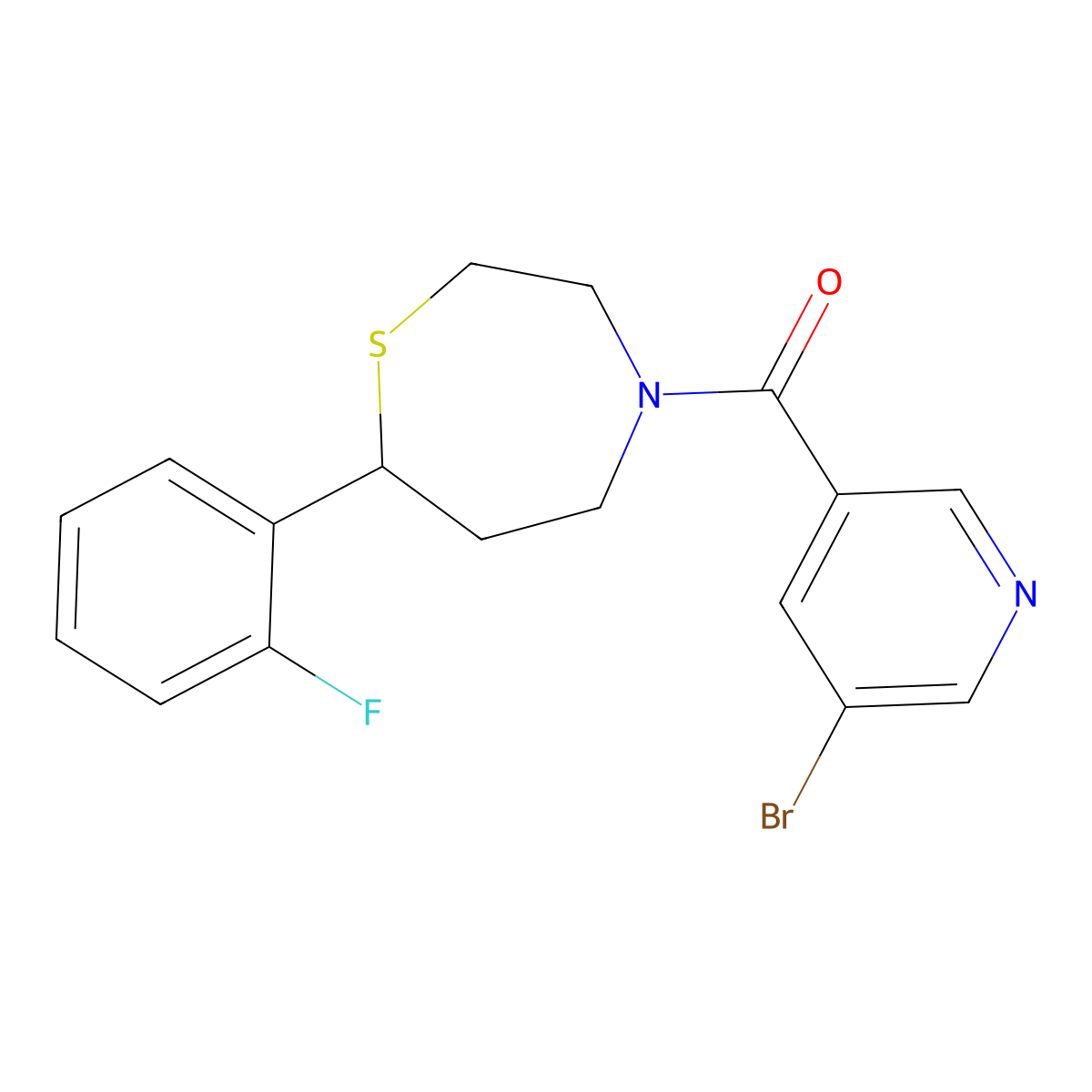 (5-Bromopyridin-3-yl)(7-(2-fluorophenyl)-1,4-thiazepan-4-yl)methanone molecular structure, CAS 1705196-40-2