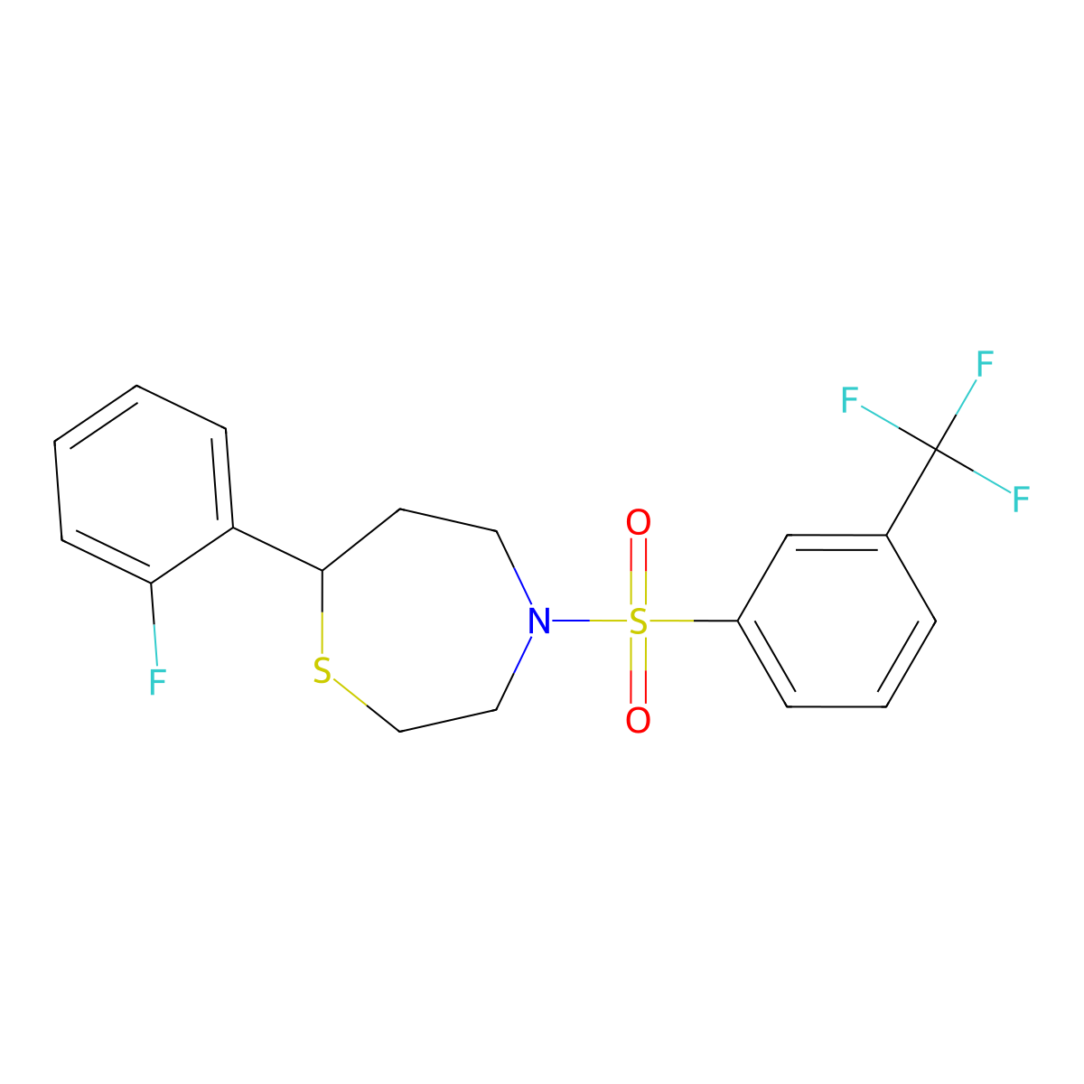 7-(2-Fluorophenyl)-4-((3-(trifluoromethyl)phenyl)sulfonyl)-1,4-thiazepane molecular structure, CAS 1705198-00-0