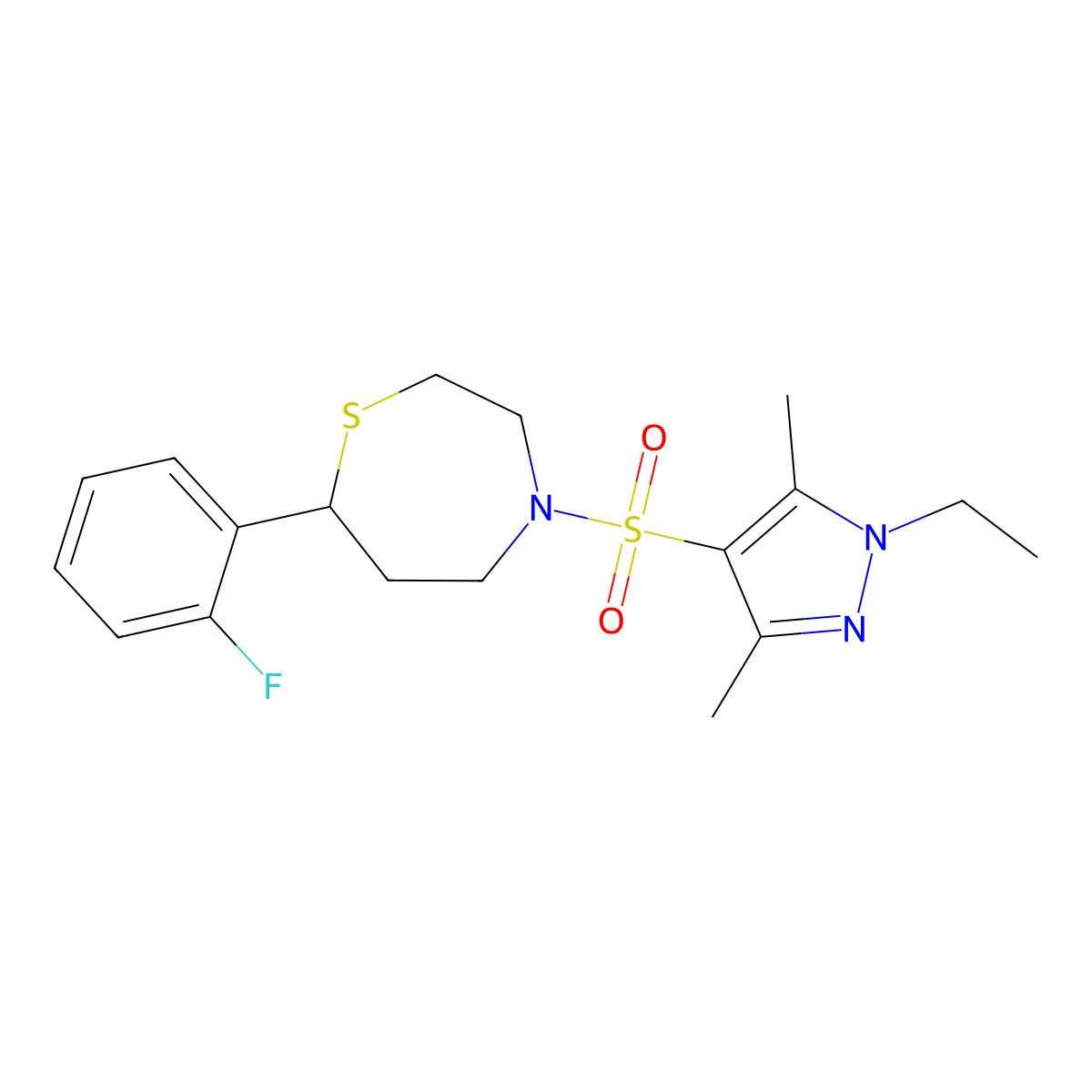 4-[(1-ethyl-3,5-dimethyl-1H-pyrazol-4-yl)sulfonyl]-7-(2-fluorophenyl)-1,4-thiazepane molecular structure, CAS 1705198-44-2