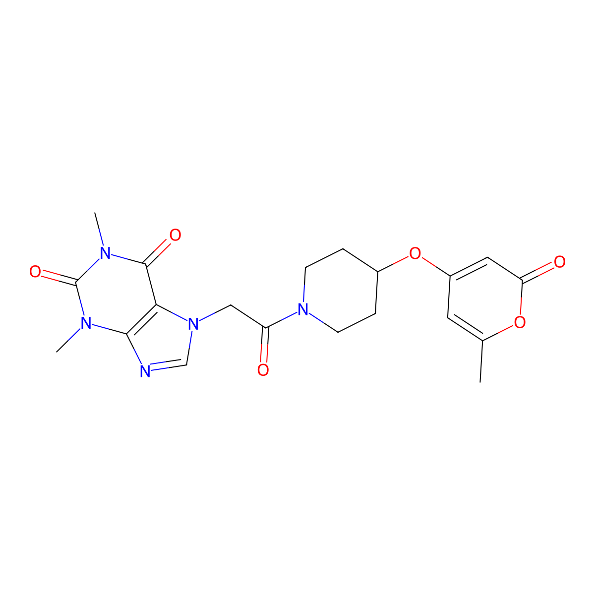 1,3-dimethyl-7-(2-(4-((6-methyl-2-oxo-2H-pyran-4-yl)oxy)piperidin-1-yl)-2-oxoethyl)-1H-purine-2,6(3H,7H)-dione molecular structure, CAS 1705203-31-1