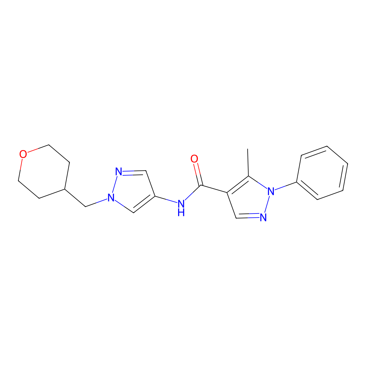 5-methyl-1-phenyl-N-(1-((tetrahydro-2H-pyran-4-yl)methyl)-1H-pyrazol-4-yl)-1H-pyrazole-4-carboxamide molecular structure, CAS 1705203-90-2
