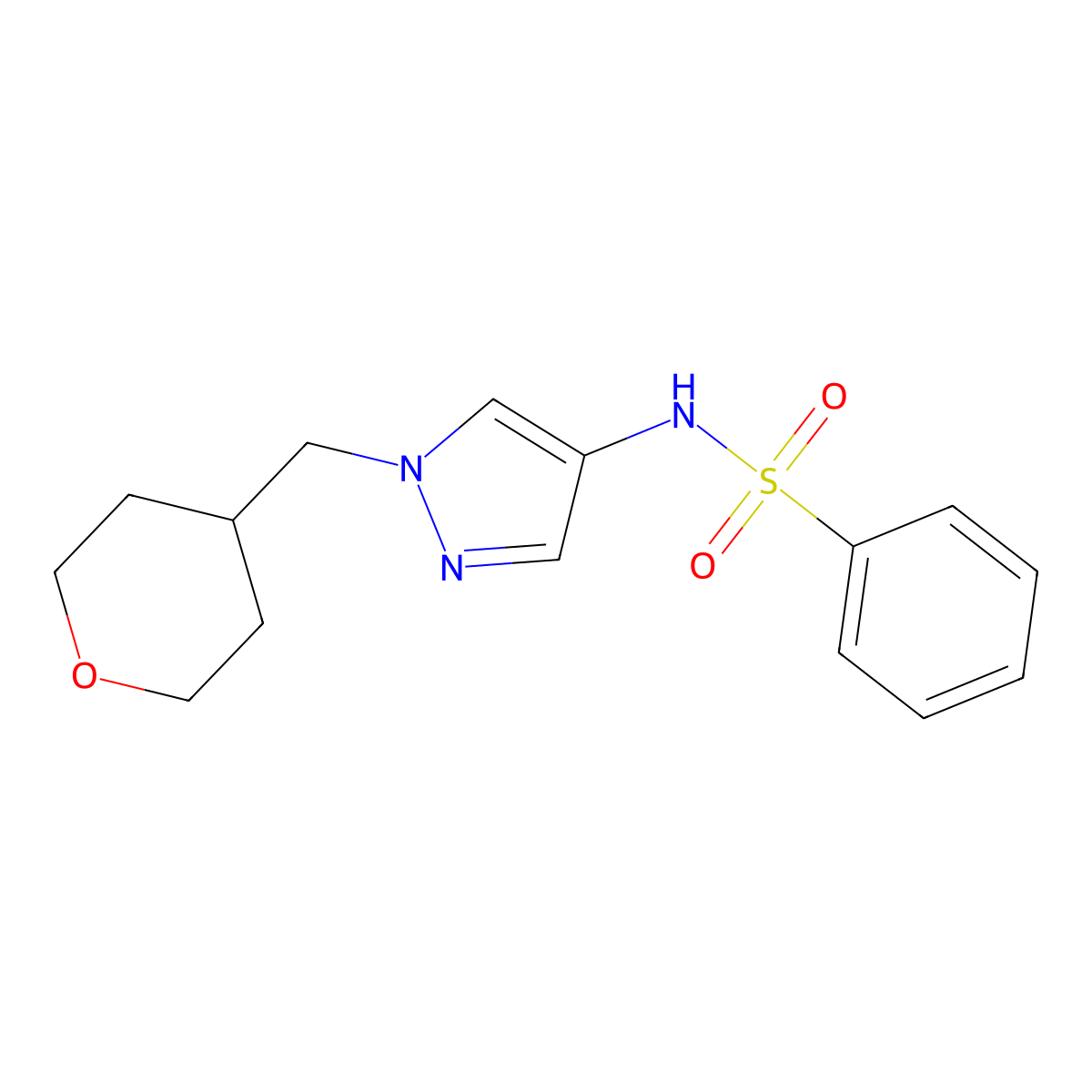 N-{1-[(oxan-4-yl)methyl]-1H-pyrazol-4-yl}benzenesulfonamide molecular structure, CAS 1705204-37-0