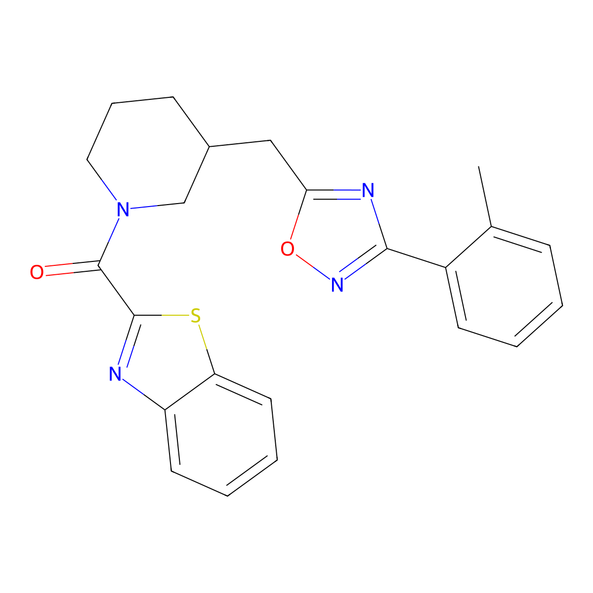 Benzo[d]thiazol-2-yl(3-((3-(o-tolyl)-1,2,4-oxadiazol-5-yl)methyl)piperidin-1-yl)methanone molecular structure, CAS 1705207-28-8