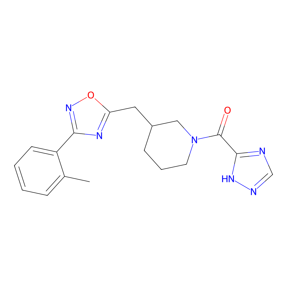 (3-((3-(o-tolyl)-1,2,4-oxadiazol-5-yl)methyl)piperidin-1-yl)(1H-1,2,4-triazol-5-yl)methanone molecular structure, CAS 1705207-39-1