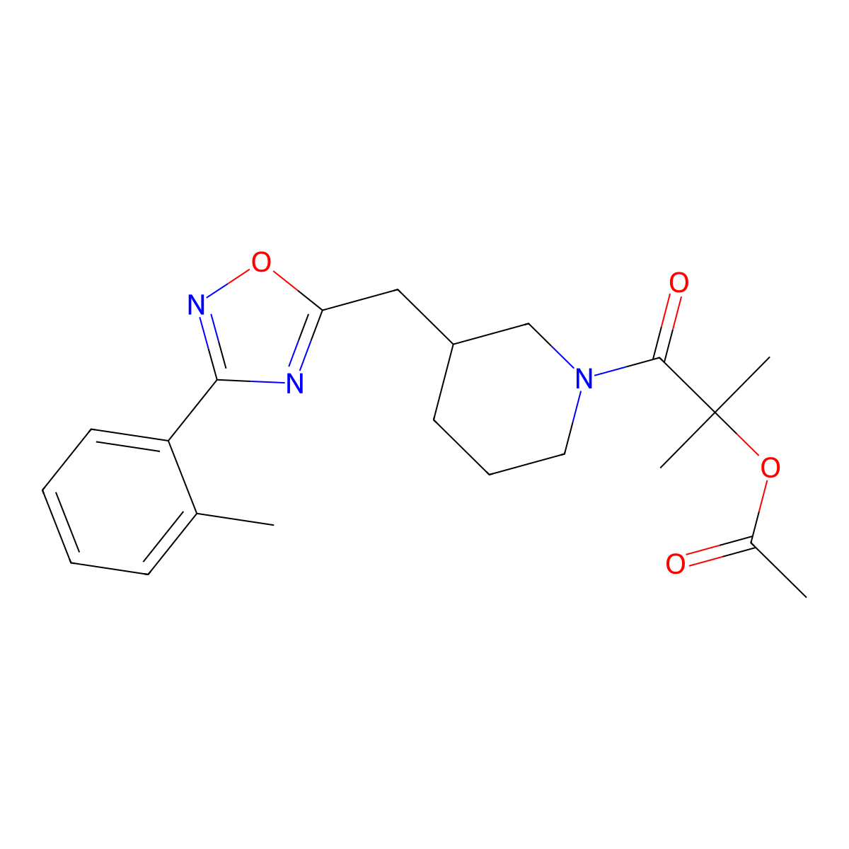 2-Methyl-1-oxo-1-(3-((3-(o-tolyl)-1,2,4-oxadiazol-5-yl)methyl)piperidin-1-yl)propan-2-yl acetate molecular structure, CAS 1705207-46-0
