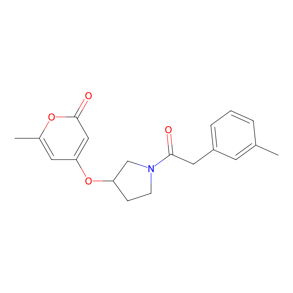 6-methyl-4-((1-(2-(m-tolyl)acetyl)pyrrolidin-3-yl)oxy)-2H-pyran-2-one molecular structure, CAS 1705208-40-7