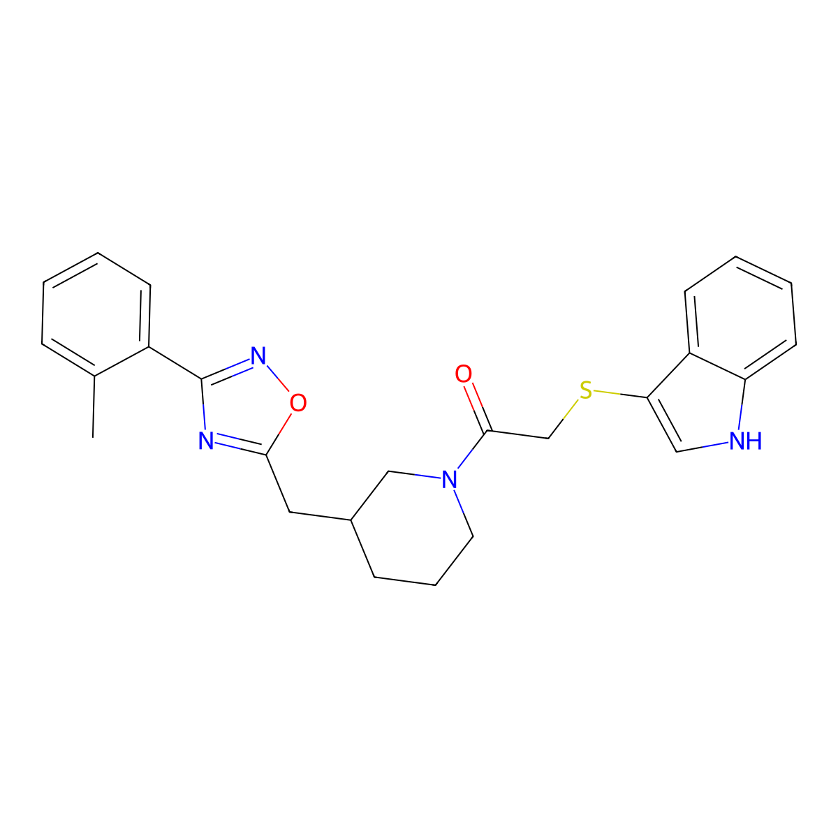 2-((1H-indol-3-yl)thio)-1-(3-((3-(o-tolyl)-1,2,4-oxadiazol-5-yl)methyl)piperidin-1-yl)ethanone molecular structure, CAS 1705208-51-0