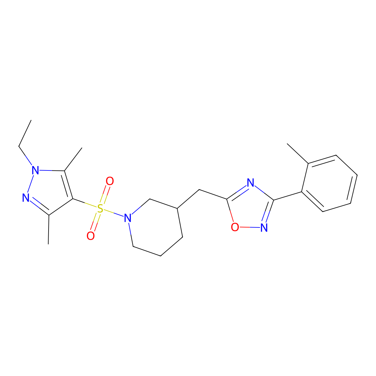 5-((1-((1-ethyl-3,5-dimethyl-1H-pyrazol-4-yl)sulfonyl)piperidin-3-yl)methyl)-3-(o-tolyl)-1,2,4-oxadiazole molecular structure, CAS 1705208-73-6