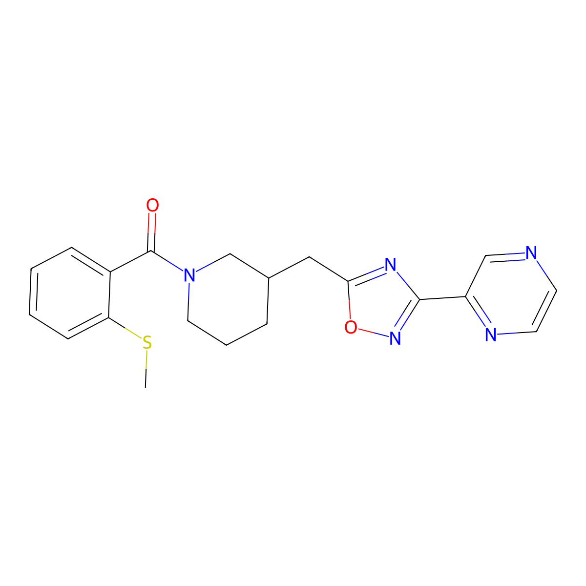 (2-(Methylthio)phenyl)(3-((3-(pyrazin-2-yl)-1,2,4-oxadiazol-5-yl)methyl)piperidin-1-yl)methanone molecular structure, CAS 1705209-34-2