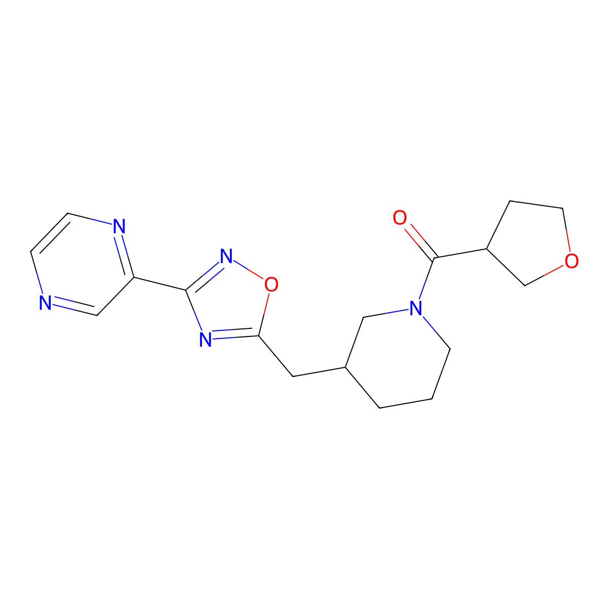 (3-((3-(Pyrazin-2-yl)-1,2,4-oxadiazol-5-yl)methyl)piperidin-1-yl)(tetrahydrofuran-3-yl)methanone molecular structure, CAS 1705209-75-1