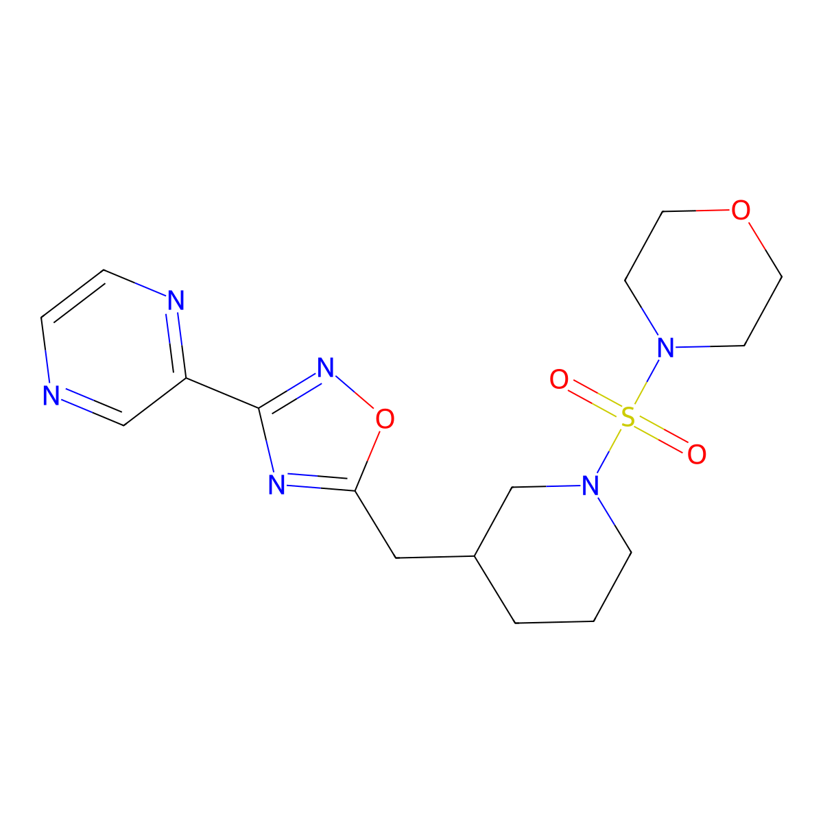 4-((3-((3-(Pyrazin-2-yl)-1,2,4-oxadiazol-5-yl)methyl)piperidin-1-yl)sulfonyl)morpholine molecular structure, CAS 1705209-82-0