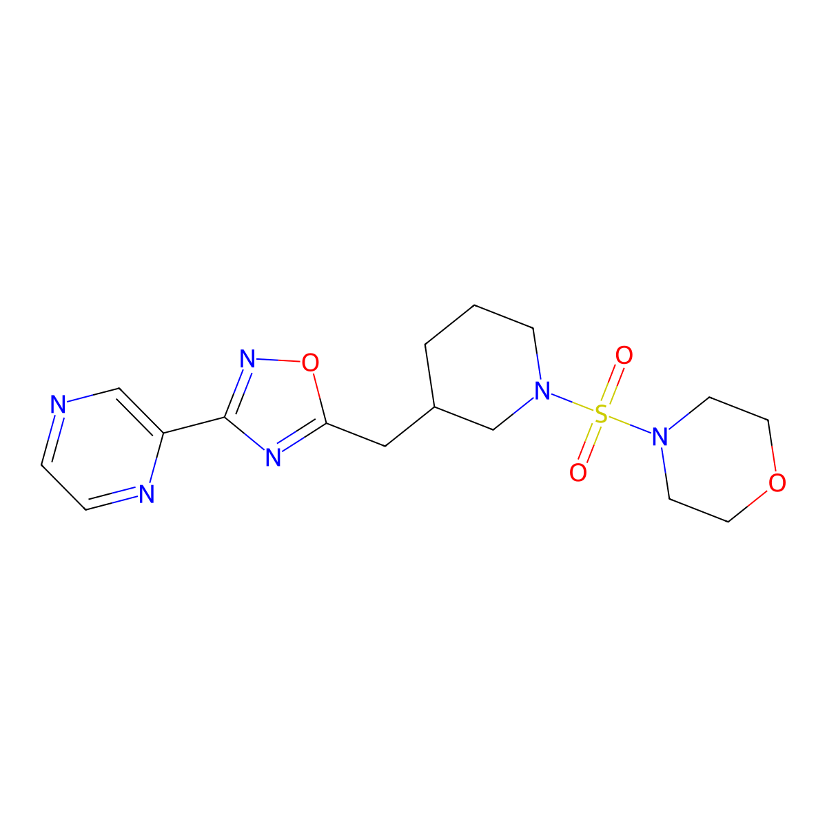 4-((3-((3-(Pyrazin-2-yl)-1,2,4-oxadiazol-5-yl)methyl)piperidin-1-yl)sulfonyl)morpholine molecular structure, CAS 1705209-82-0