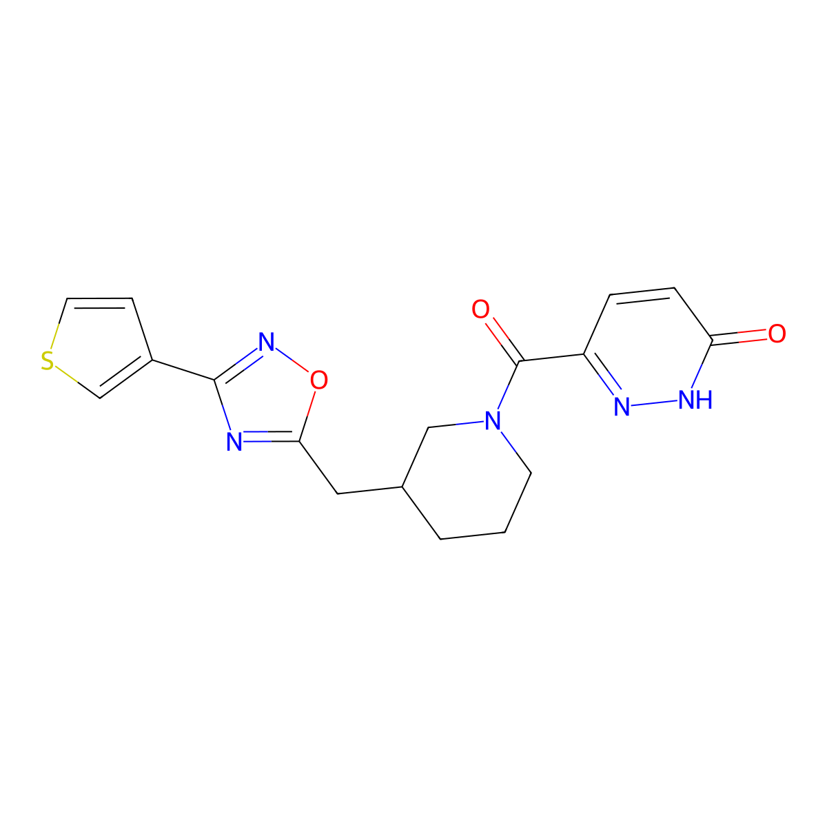 6-(3-((3-(thiophen-3-yl)-1,2,4-oxadiazol-5-yl)methyl)piperidine-1-carbonyl)pyridazin-3(2H)-one molecular structure, CAS 1705209-88-6
