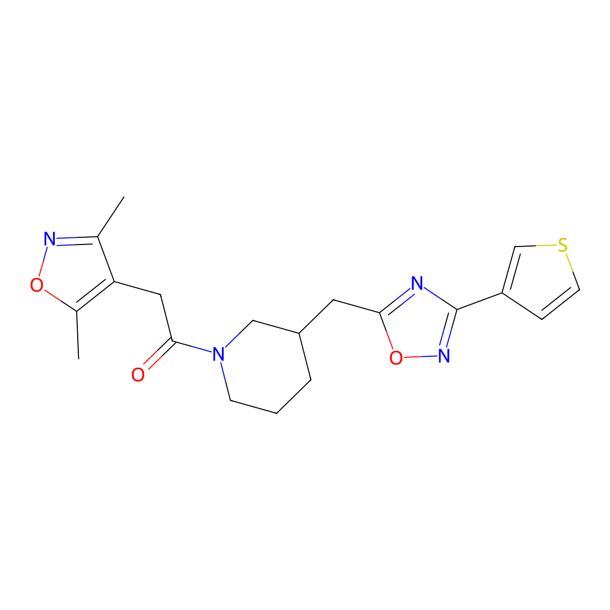 2-(3,5-Dimethylisoxazol-4-yl)-1-(3-((3-(thiophen-3-yl)-1,2,4-oxadiazol-5-yl)methyl)piperidin-1-yl)ethanone molecular structure, CAS 1705210-11-2