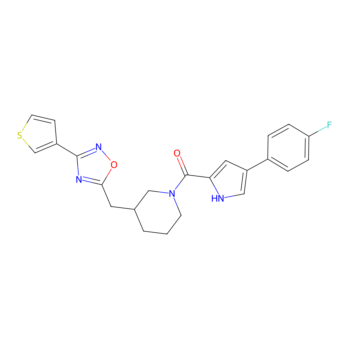 (4-(4-fluorophenyl)-1H-pyrrol-2-yl)(3-((3-(thiophen-3-yl)-1,2,4-oxadiazol-5-yl)methyl)piperidin-1-yl)methanone molecular structure, CAS 1705210-29-2
