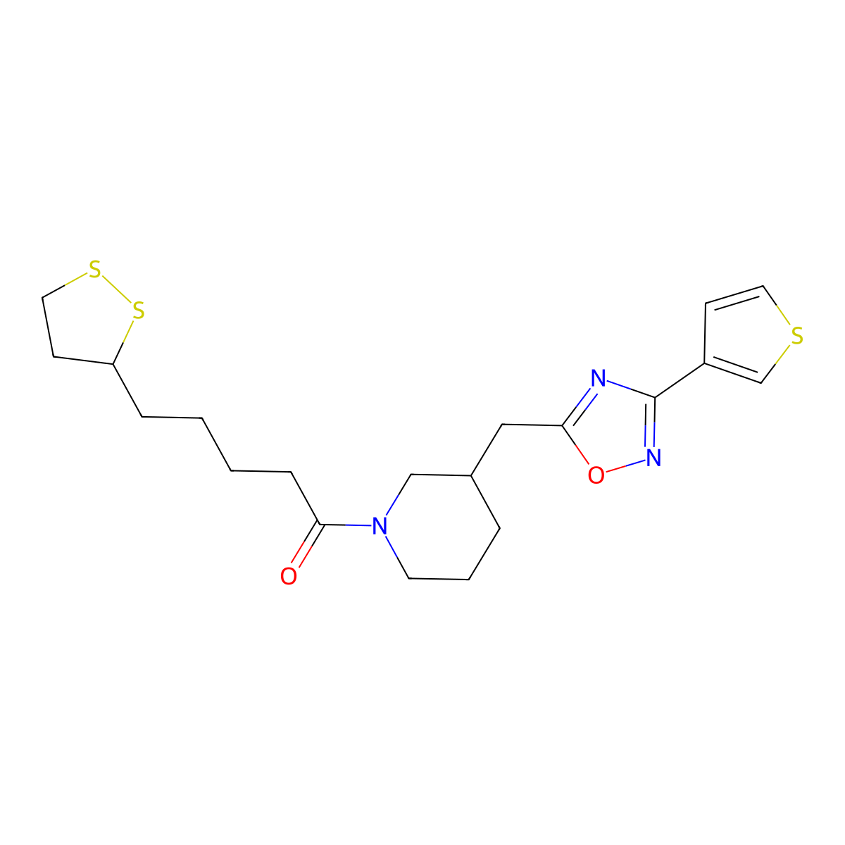 5-(1,2-Dithiolan-3-yl)-1-(3-{[3-(thiophen-3-yl)-1,2,4-oxadiazol-5-yl]methyl}piperidin-1-yl)pentan-1-one molecular structure, CAS 1705210-40-7