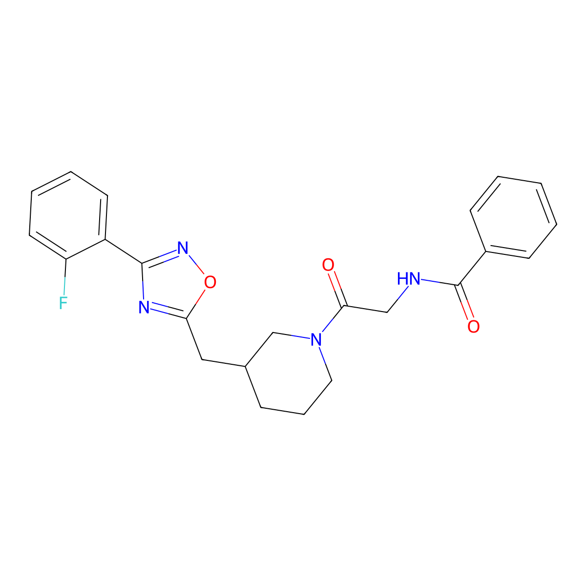 N-(2-(3-((3-(2-fluorophenyl)-1,2,4-oxadiazol-5-yl)methyl)piperidin-1-yl)-2-oxoethyl)benzamide molecular structure, CAS 1705212-41-4