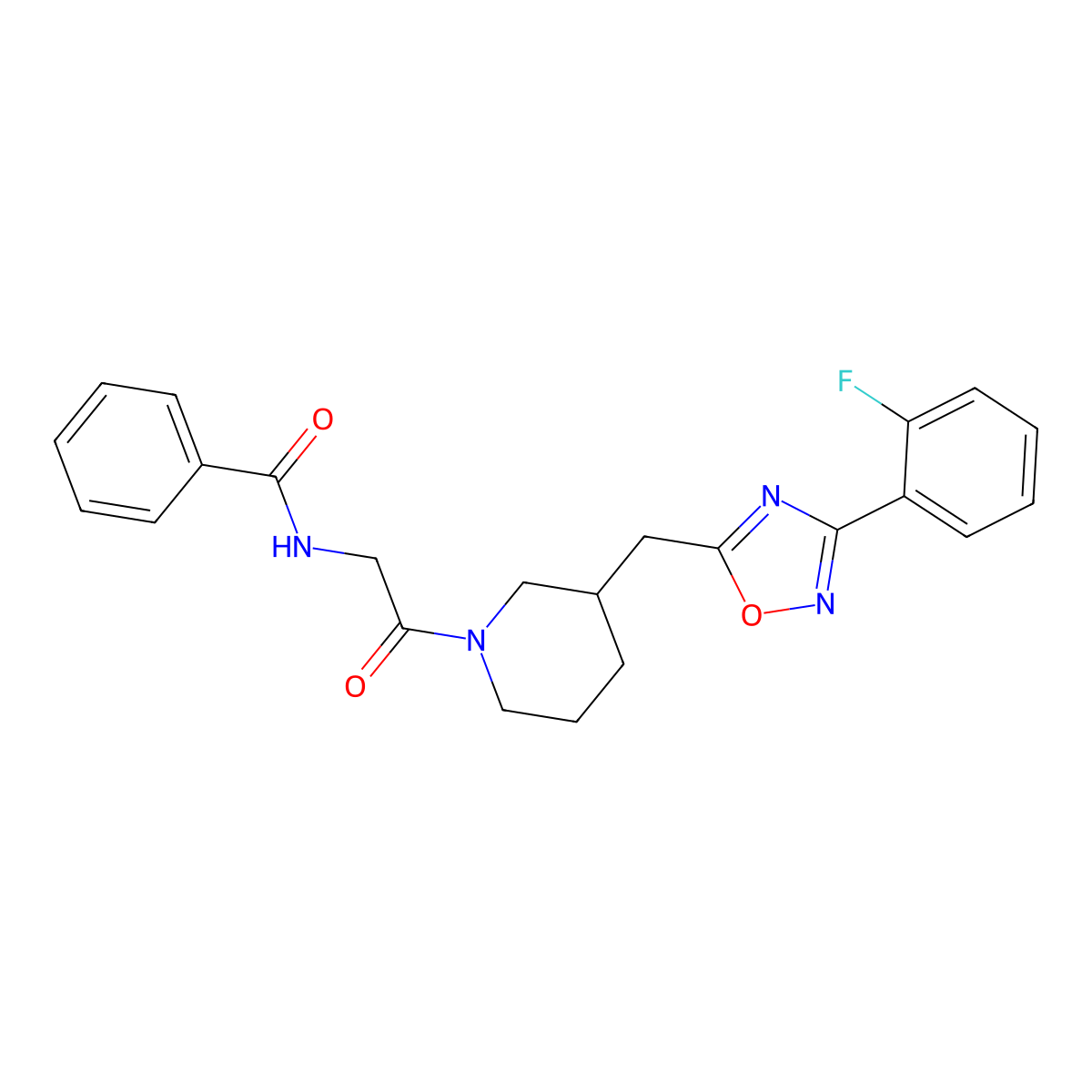 N-(2-(3-((3-(2-fluorophenyl)-1,2,4-oxadiazol-5-yl)methyl)piperidin-1-yl)-2-oxoethyl)benzamide molecular structure, CAS 1705212-41-4