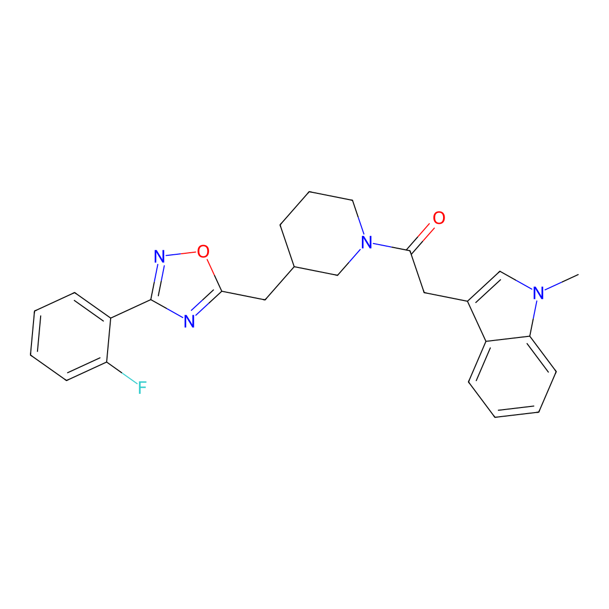1-(3-((3-(2-fluorophenyl)-1,2,4-oxadiazol-5-yl)methyl)piperidin-1-yl)-2-(1-methyl-1H-indol-3-yl)ethanone molecular structure, CAS 1705212-46-9