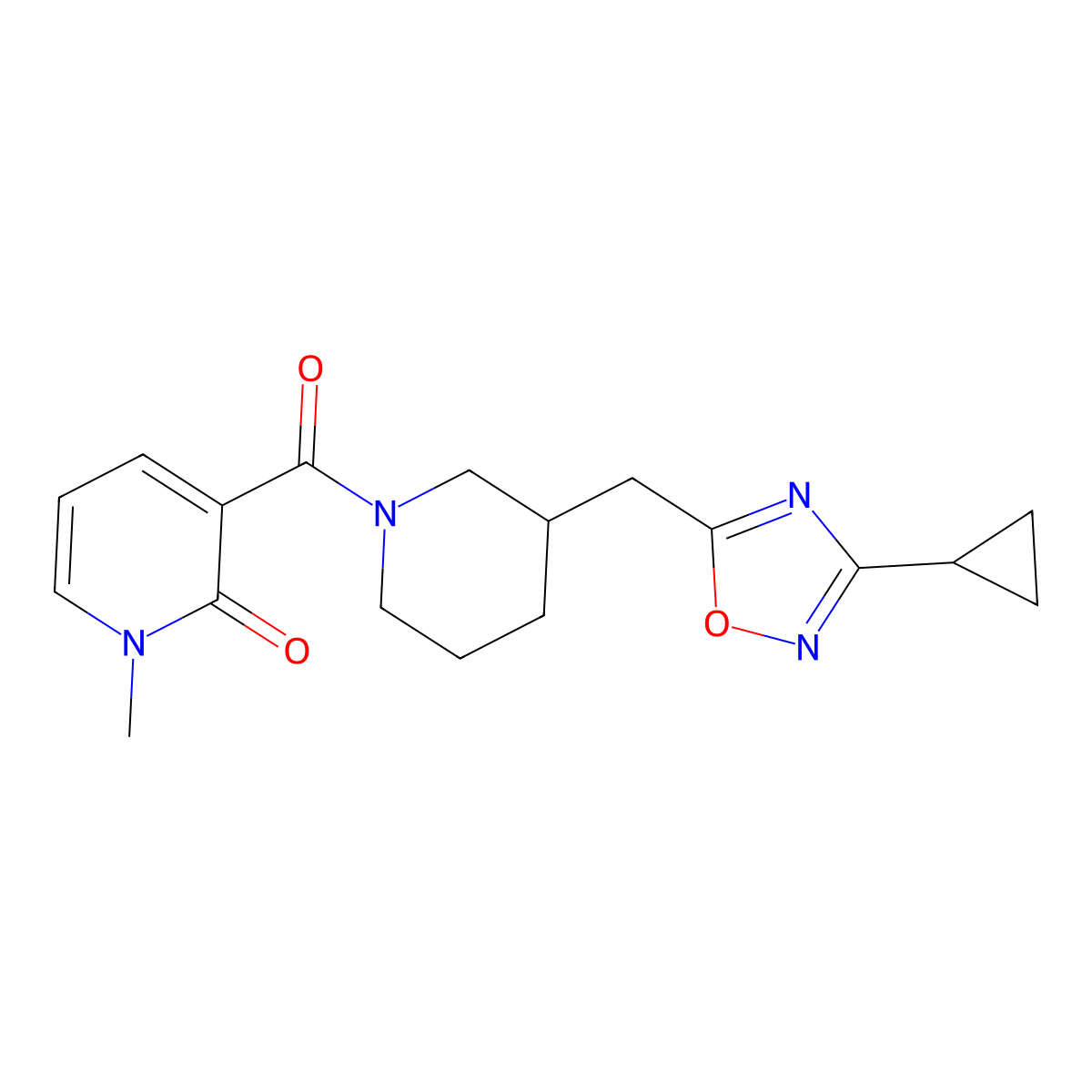 3-(3-((3-cyclopropyl-1,2,4-oxadiazol-5-yl)methyl)piperidine-1-carbonyl)-1-methylpyridin-2(1H)-one molecular structure, CAS 1705213-33-7