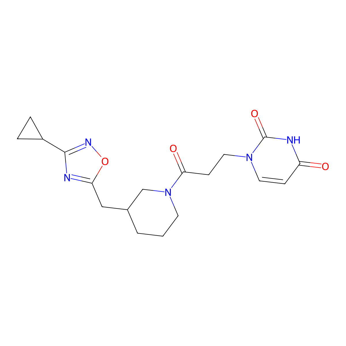 1-(3-(3-((3-cyclopropyl-1,2,4-oxadiazol-5-yl)methyl)piperidin-1-yl)-3-oxopropyl)pyrimidine-2,4(1H,3H)-dione molecular structure, CAS 1705213-43-9