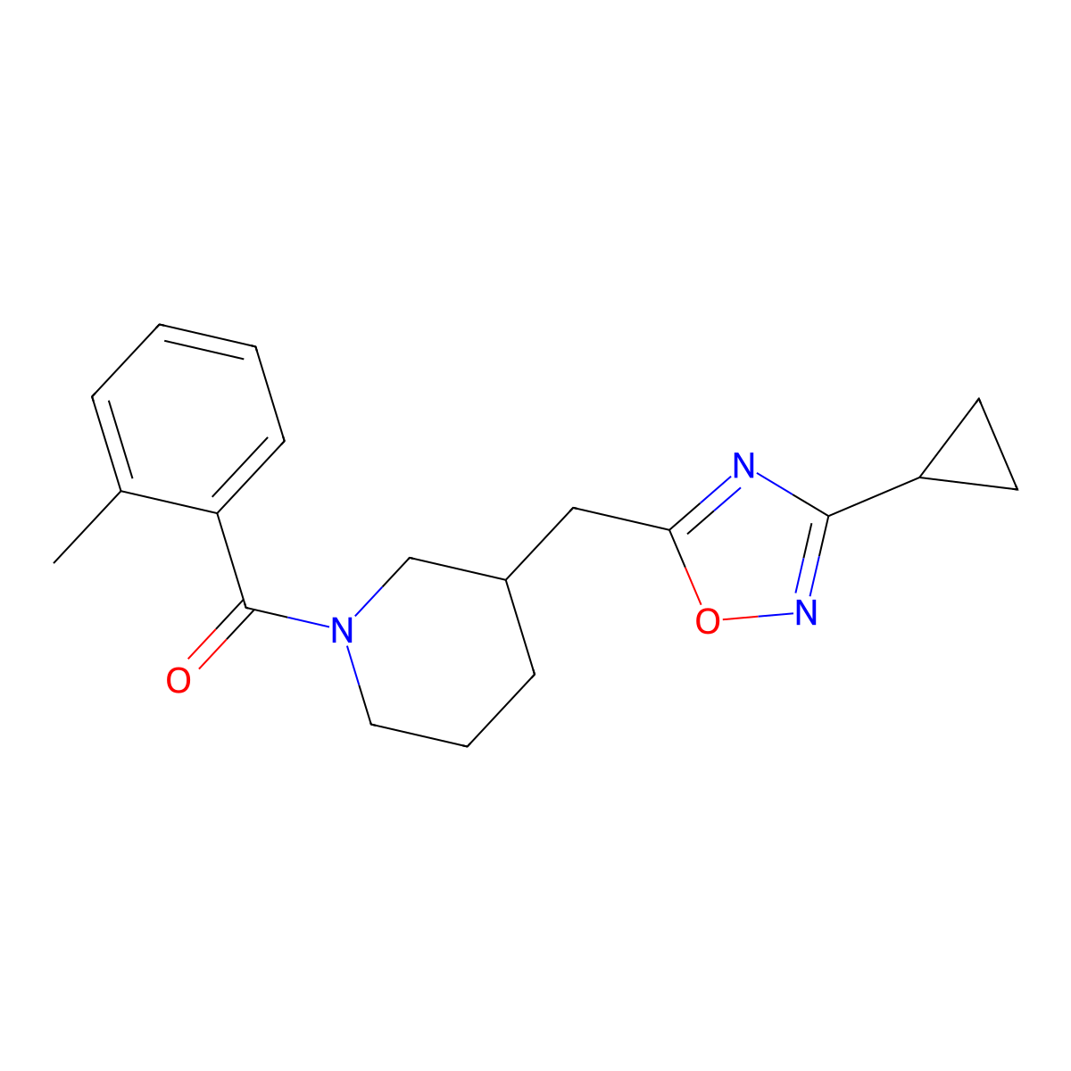 (3-((3-Cyclopropyl-1,2,4-oxadiazol-5-yl)methyl)piperidin-1-yl)(o-tolyl)methanone molecular structure, CAS 1705213-91-7