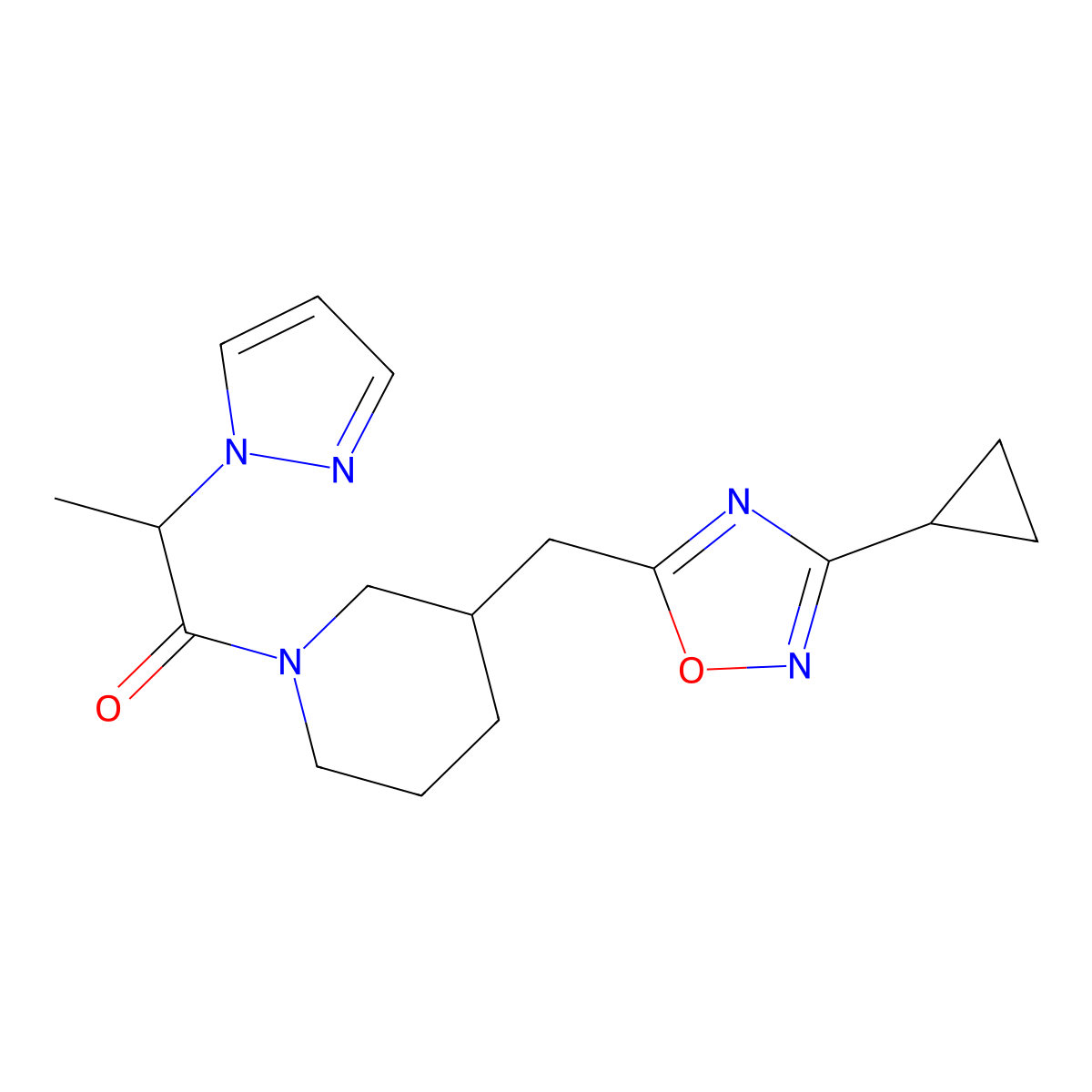 1-(3-((3-cyclopropyl-1,2,4-oxadiazol-5-yl)methyl)piperidin-1-yl)-2-(1H-pyrazol-1-yl)propan-1-one molecular structure, CAS 1705214-38-5